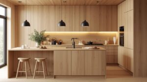 Kitchen with plywood cabinetry showcasing natural wood grain texture.