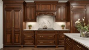 Luxury kitchen featuring solid wood cabinets with elegant finish.
