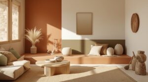 Earthy Tones Calm, Grounded, and Natural
As people move toward more nature-inspired interiors, earthy tones are making a comeback. These are colors that breathe warmth — terracotta, clay, olive, muted browns. They work beautifully in spaces that get plenty of sunlight and pair well with materials like stone, jute, or wood.
Try these earthy wall color combinations
Clay + Cream
Olive + Sandstone
Terracotta + Warm White