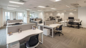 Modular office furniture setup—movable desks