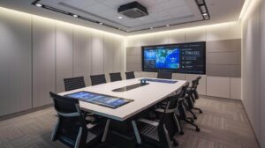 Smart meeting room showing touch panels
