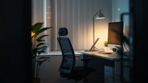 ergonomic employee workspace with soft lighting