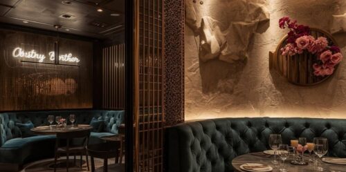 Instagram-worthy corner in Dubai cafe with neon sign and stylish seating area