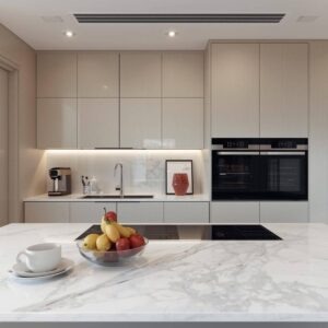 "Clutter-free kitchen countertops with minimal items and concealed storage cabinets"