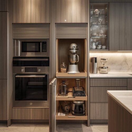 Luxury Dubai kitchen cabinets with pull-out shelves and smart storage solutions