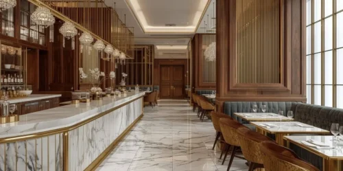 Premium materials in Dubai cafe design featuring marble, wood, and metal finishes