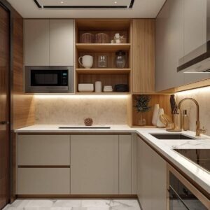 Small kitchen with smart storage ideas and wall-mounted shelves for space saving