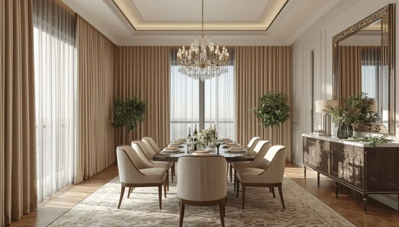 Floor-to-ceiling curtains in a modern dining room