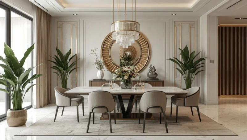 Indoor greenery in a modern luxury dining space