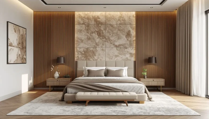 Modern textured bedroom wall decor with neutral colors.