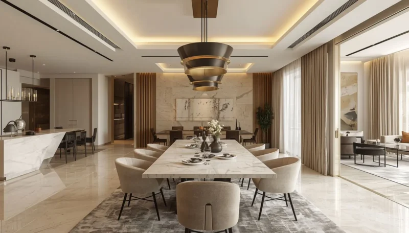 stylish dining area with pendant lighting in dubai villa