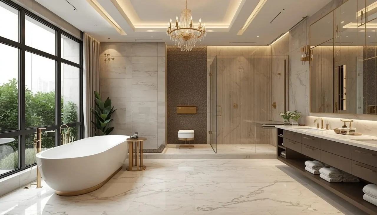 modern bathroom with walk in shower floating vanity and soft ambient lighting