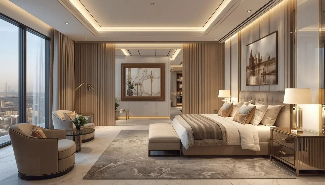cozy bedroom interior with soft colors built in wardrobe and warm lighting