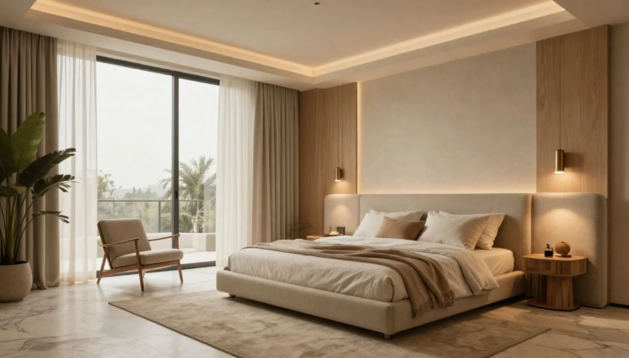 Cozy modern bedroom with soft neutral decor