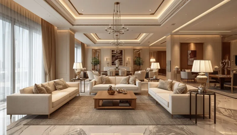 neutral color palette with warm accents in elegant villa interior