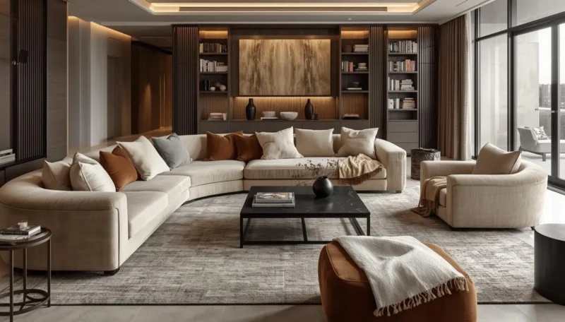 comfortable sofa seating with soft textures in a modern luxury living room