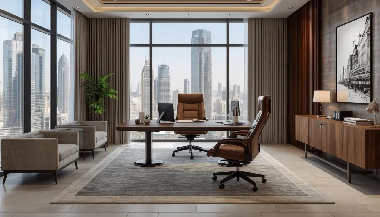 stylish home office furniture with luxury desk and ergonomic seating