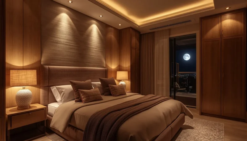 cozy bedroom interior with soft textures and warm lighting