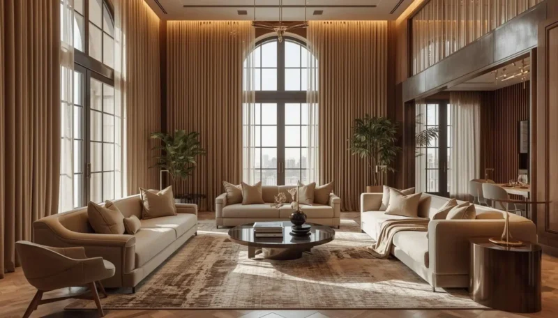 floor to ceiling curtains with soft furnishings in an elegant luxury living room interior