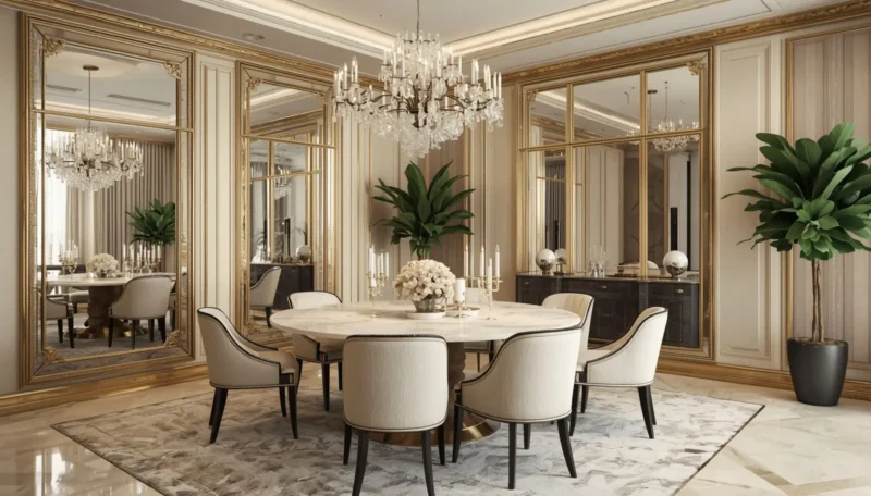 Large decorative mirrors in a luxury dining room interior