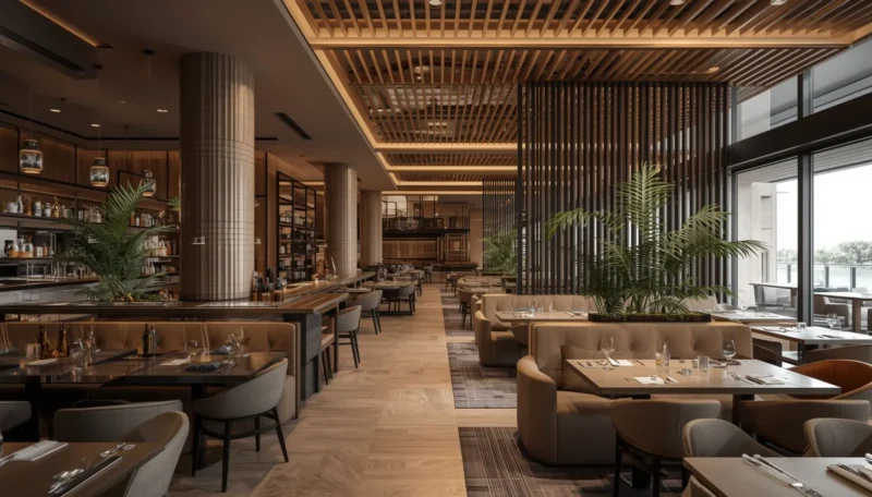 Modern restaurant interior with warm lighting and elegant seating