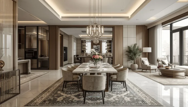 Premium marble flooring in a luxury dining interior