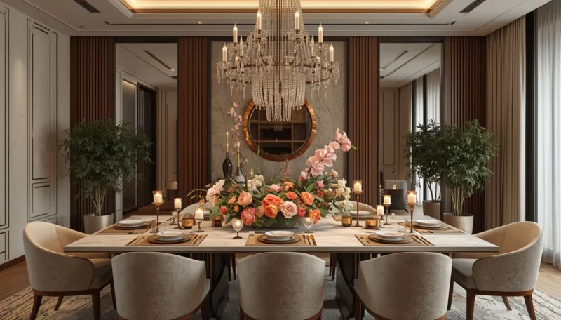 Stylish dining table centerpiece with luxury décor accents