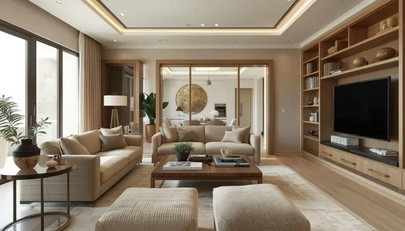 clean luxury living room with minimal decor and organized shelving design