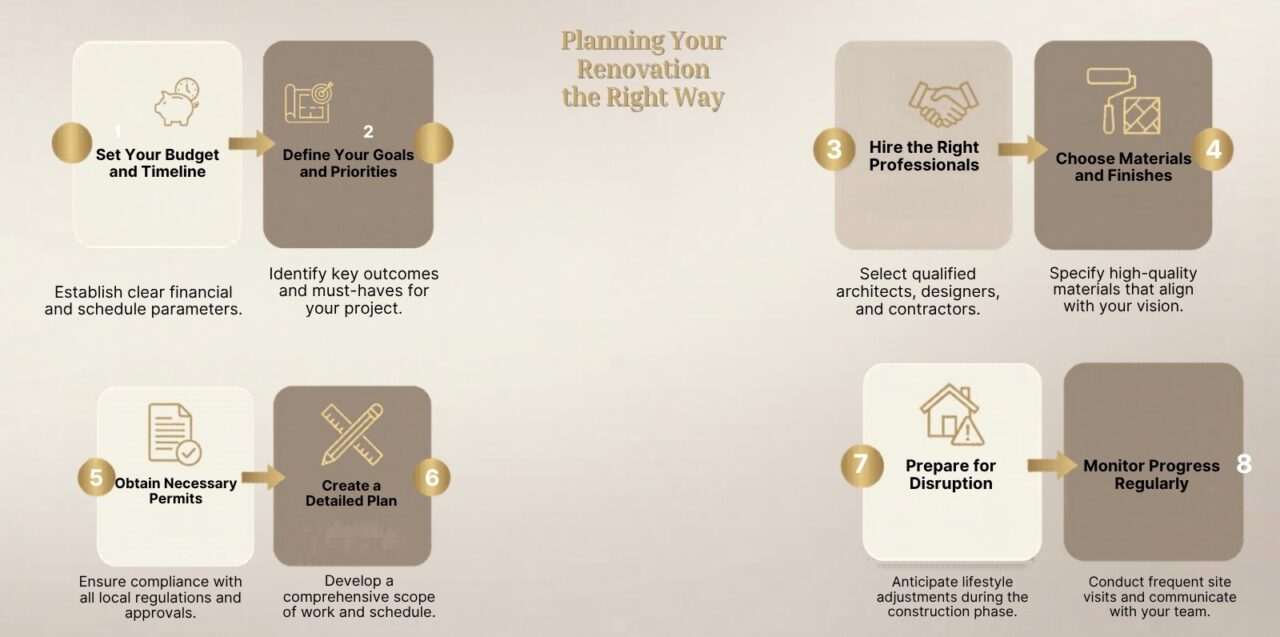 luxury home renovation infographic in dubai showing modern design ideas premium materials smart layouts and stylish interior upgrades