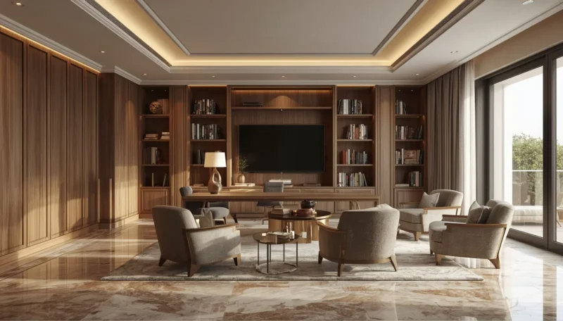 Luxury study room matching modern villa interiors.