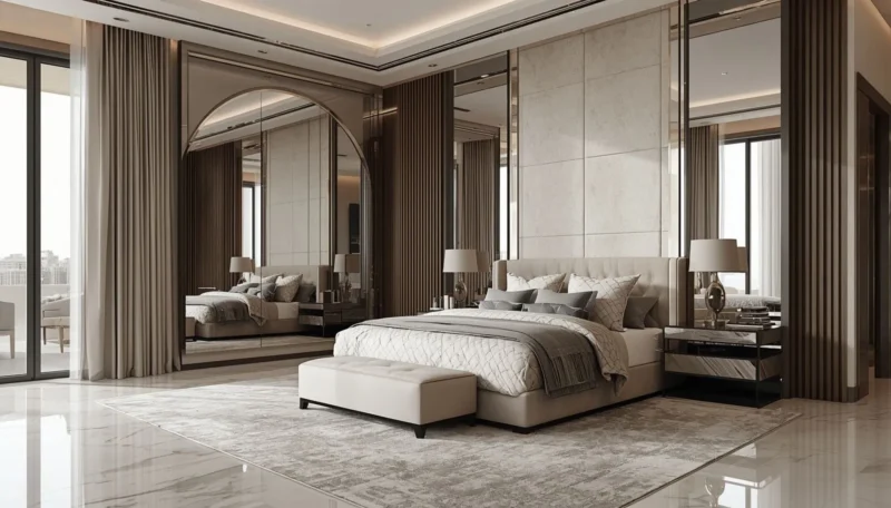Minimal bedroom wall shelves with modern decor styling.