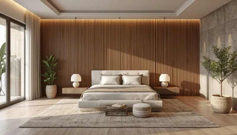 Modern bedroom wall decor with natural wood textures.