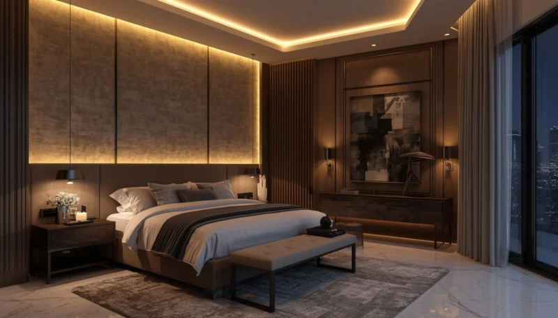 Warm LED lighting beside upholstered headboard