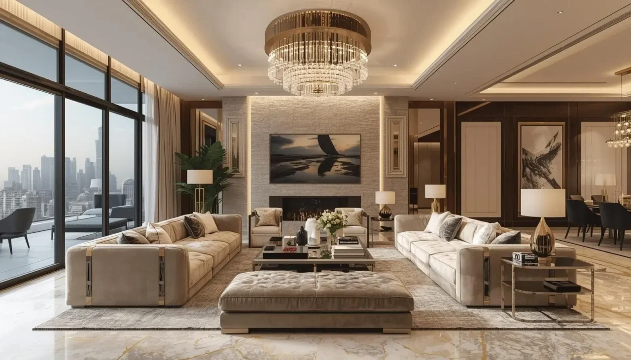 modern living room with neutral colors open layout and elegant furniture with layered lighting
