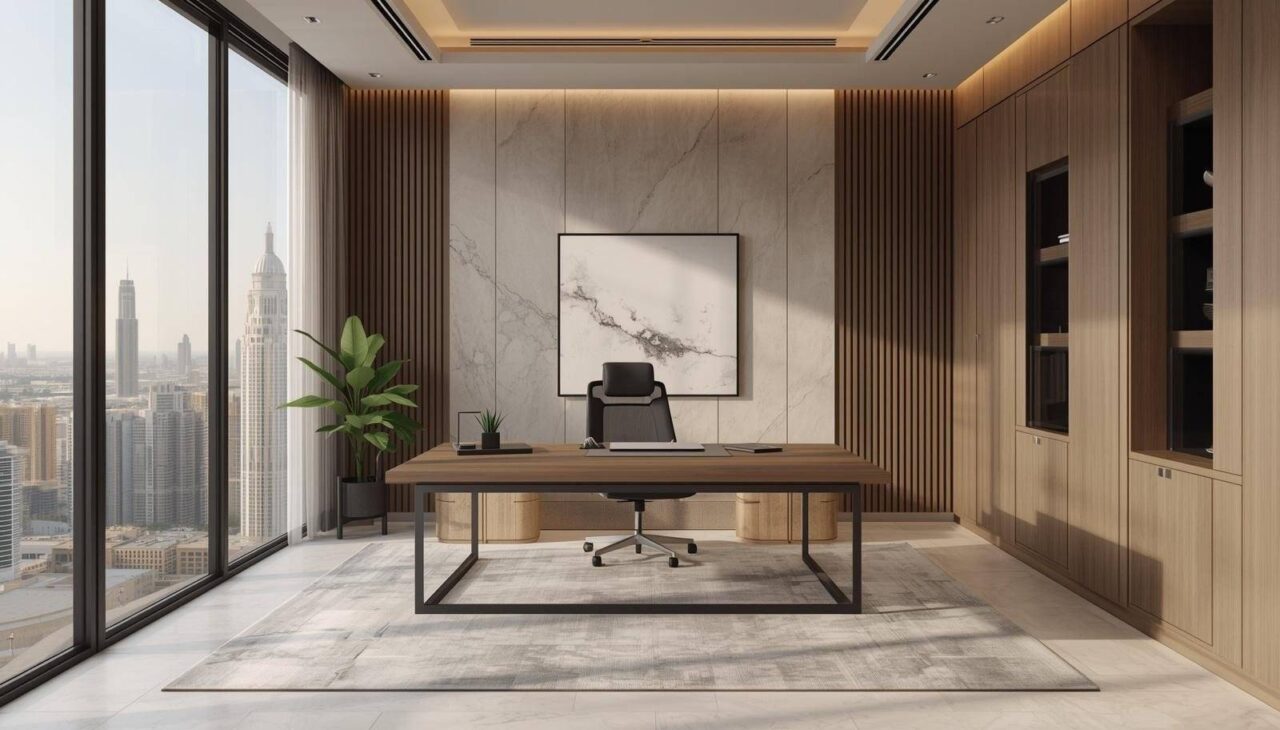 modern minimal office setup with sleek desk and hidden storage