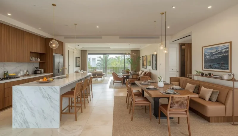 comfortable dining corner connected with contemporary cooking space