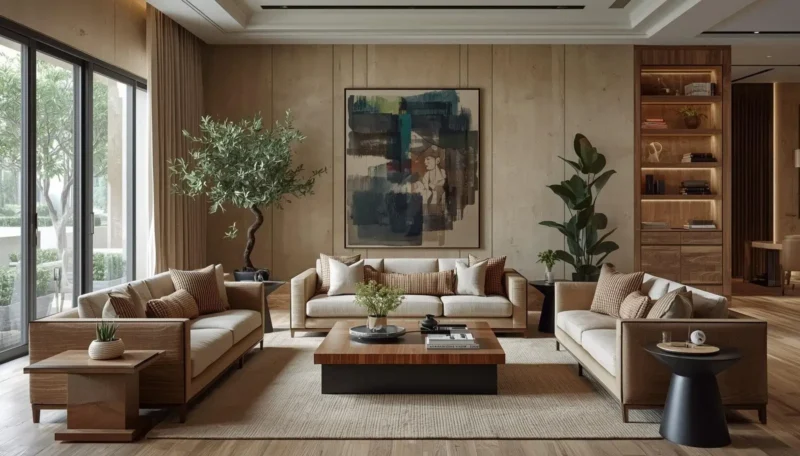 indoor plants and wooden textures creating a warm luxury atmosphere