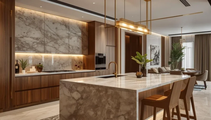 wooden textures and indoor greenery adding warmth to the interior