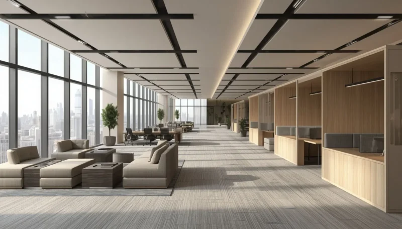 Modern flexible office layout with open workspace desig