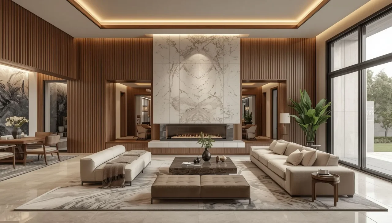 Natural wood and stone materials in luxury villa