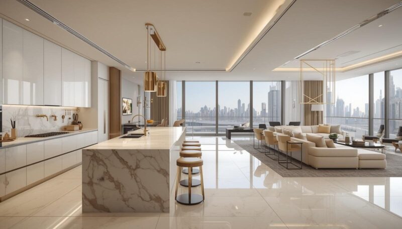 spacious open cooking area with natural sunlight and elegant interior finishes