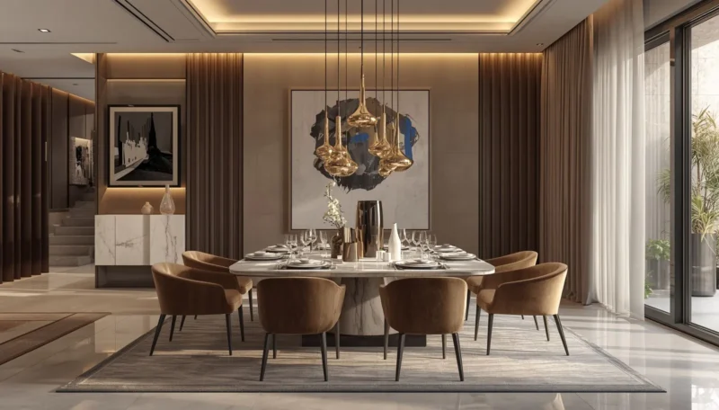 Modern wall art in a stylish dining room interior