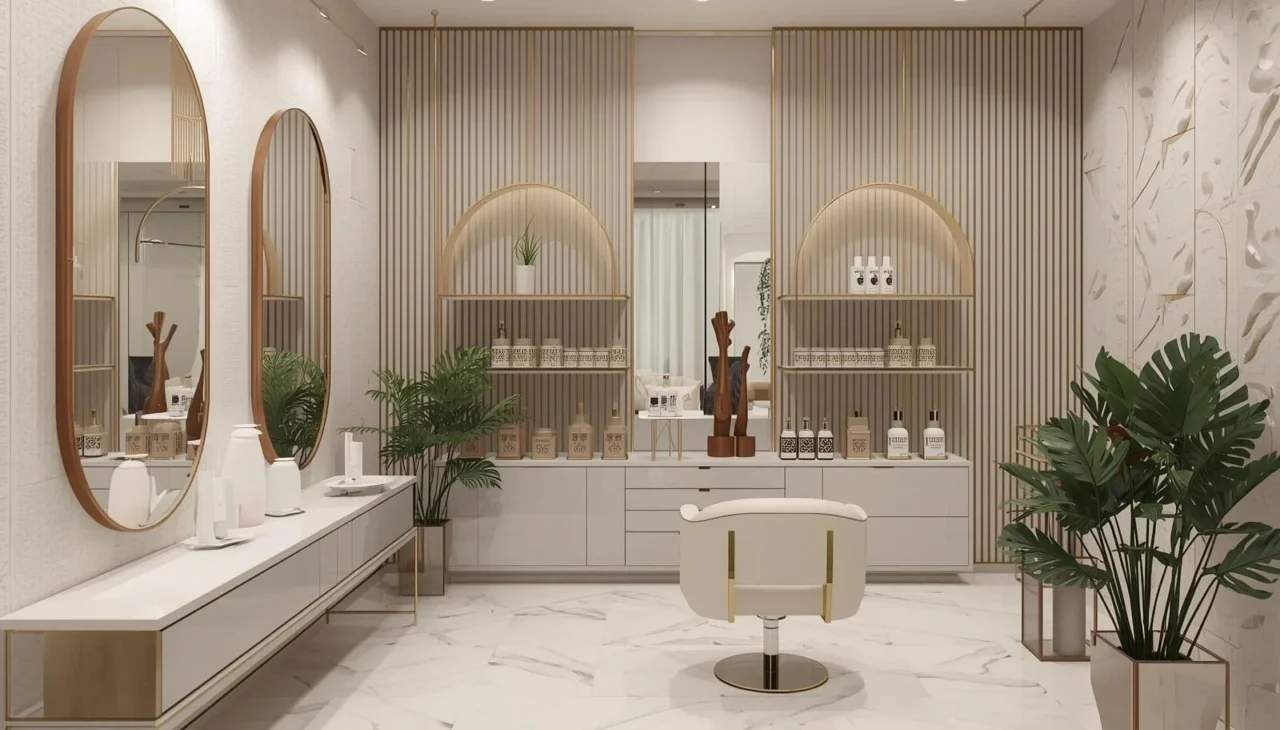 small salon design ideas with space saving layout mirrors and minimal furniture for a modern functional salon interior in Dubai