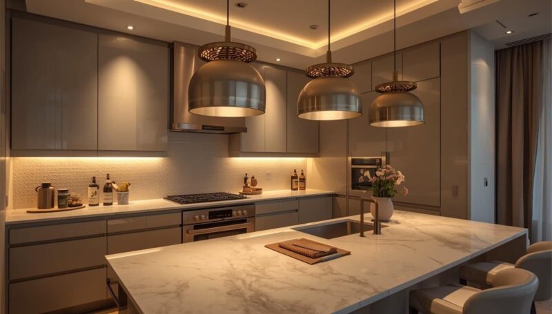 pendant lighting setup for a warm and inviting cooking space