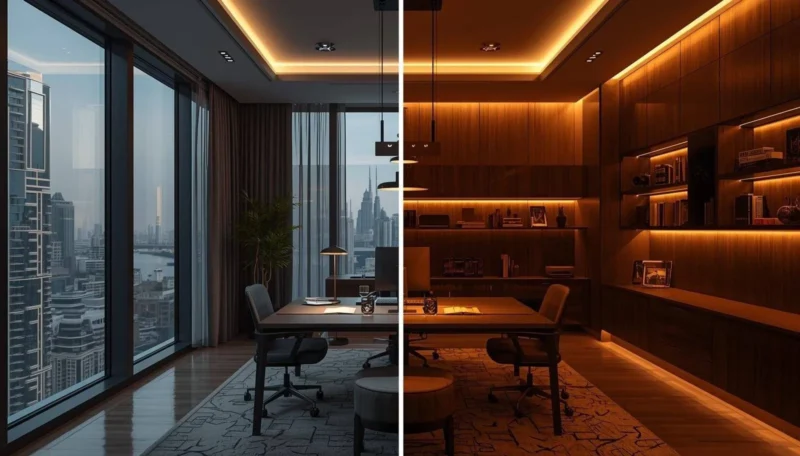 modern office desk with soft lighting and clean setup