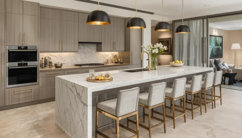 modern kitchen island with marble countertop and stylish seating