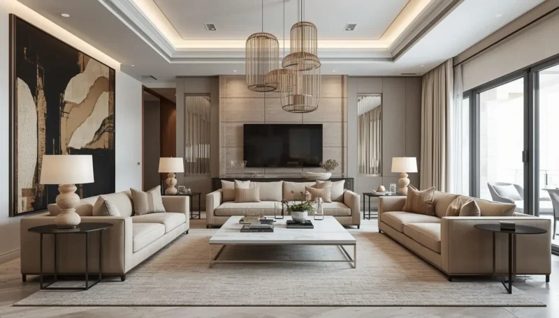 modern statement decor piece with elegant artwork and marble table in living room