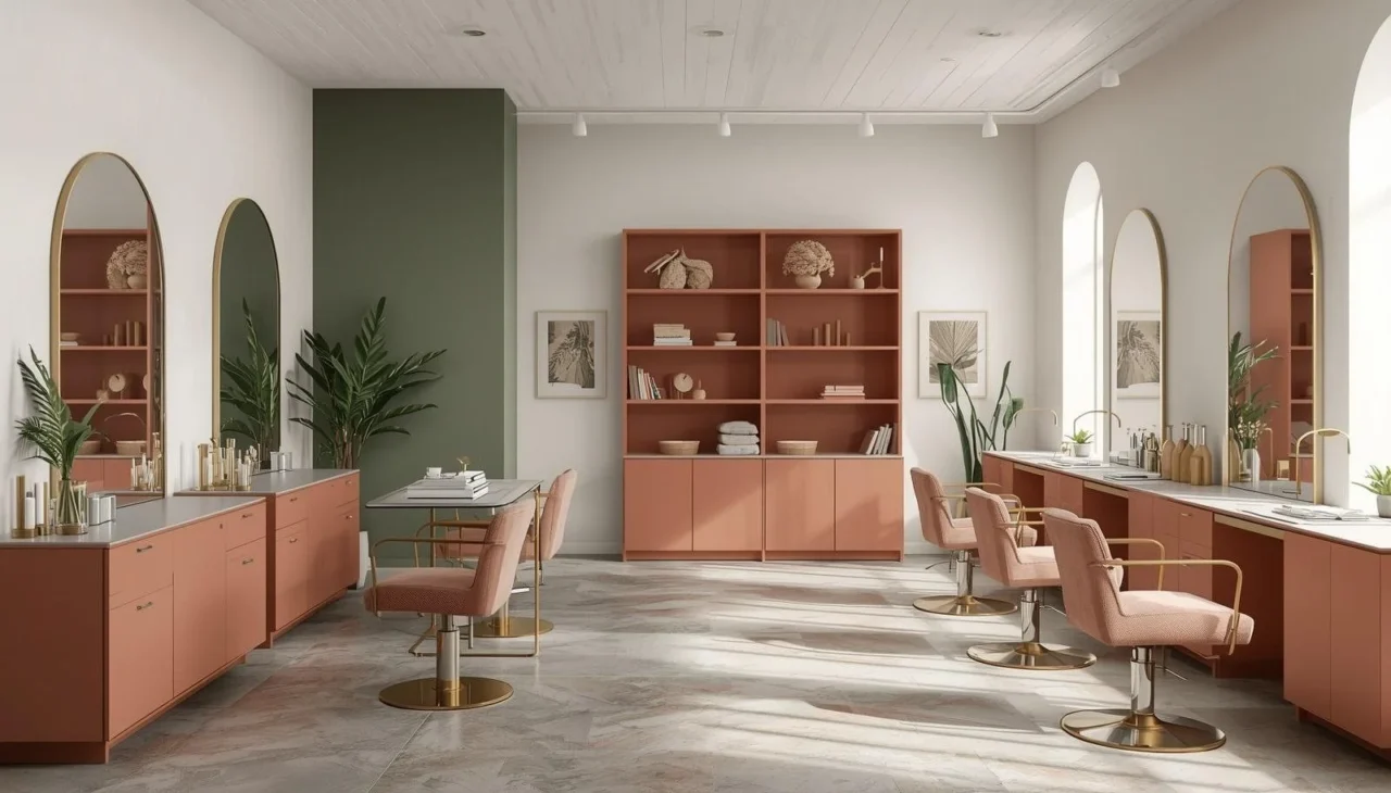 modern salon color palette 2026 with neutral tones, warm lighting, and elegant finishes for luxury salon interiors in Dubai