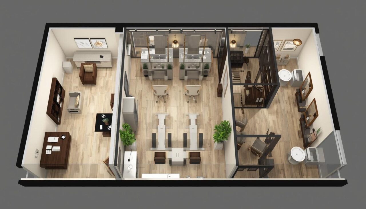 Salon layout planning with organized styling stations, reception area, and smooth workflow design for modern salon interiors in Dubai
