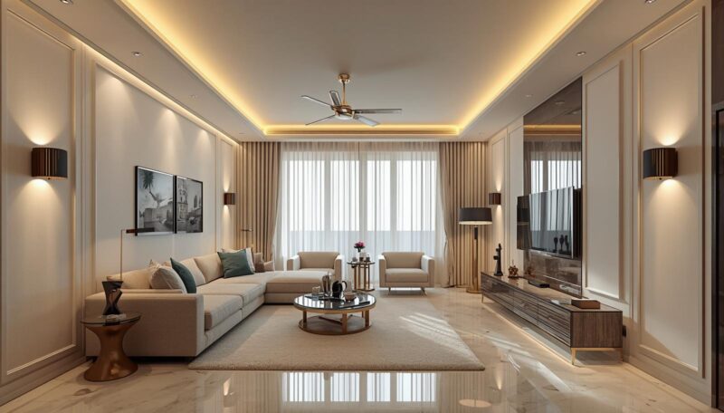 Warm layered lighting in a modern luxury living room creating an open, spacious, and elegant atmosphere.